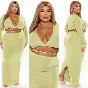 💥 Chartreuse Long Sleeve Skirt Set with Sexy Tie Waist Detail